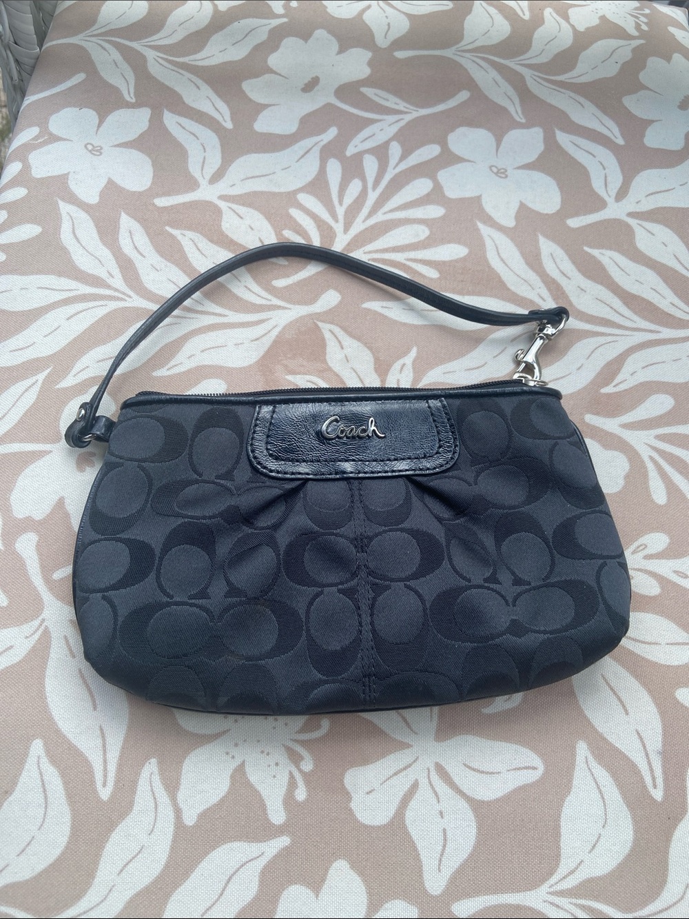 Coach Black Signature Wristlet with Leather Trim and Logo
